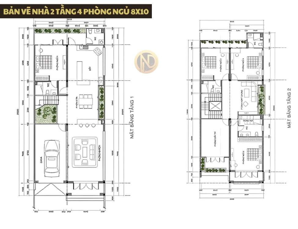 Bản vẽ nhà 2 tầng 4 phòng ngủ 8x10