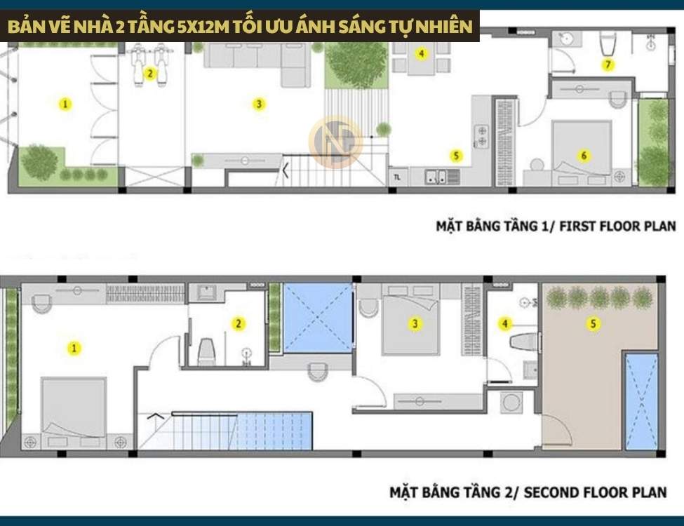 Bản vẽ nhà 2 tầng 5x12m tối ưu ánh sáng tự nhiên