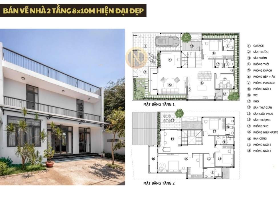 Bản vẽ nhà 2 tầng 8×10m hiện đại đẹp