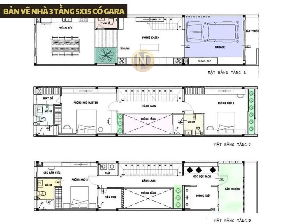 Bản vẽ nhà 3 tầng 5x15 có gara