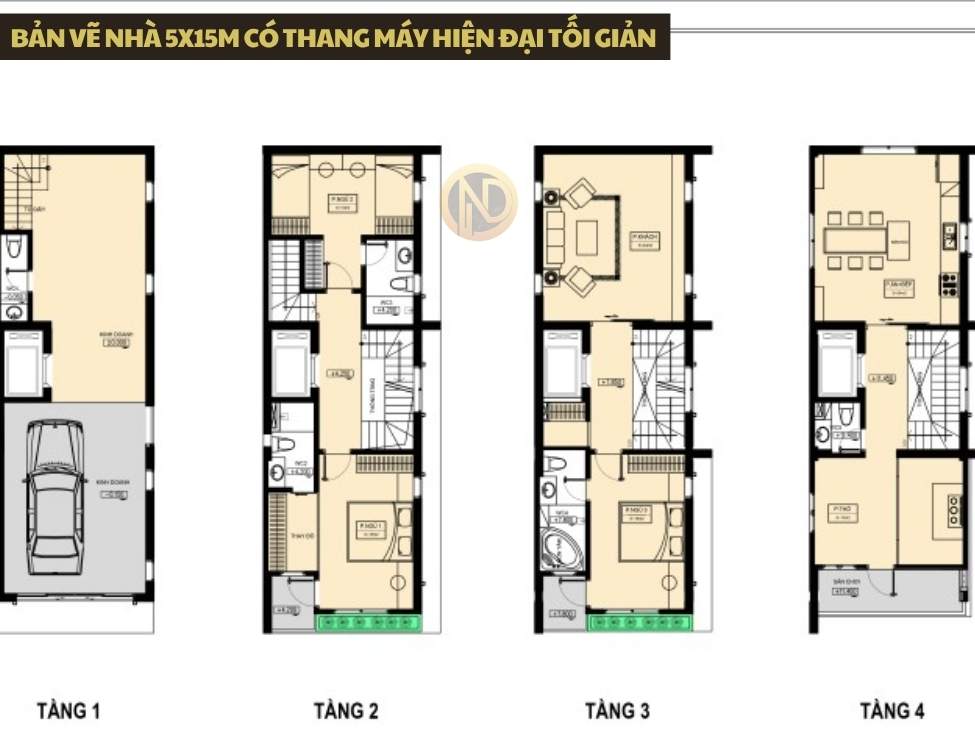 Bản vẽ nhà 5x15m có thang máy hiện đại tối giản