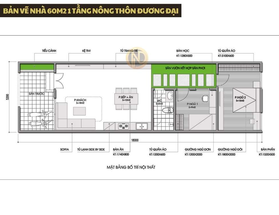 Bản vẽ nhà 60m2 1 tầng Nông thôn đương đại