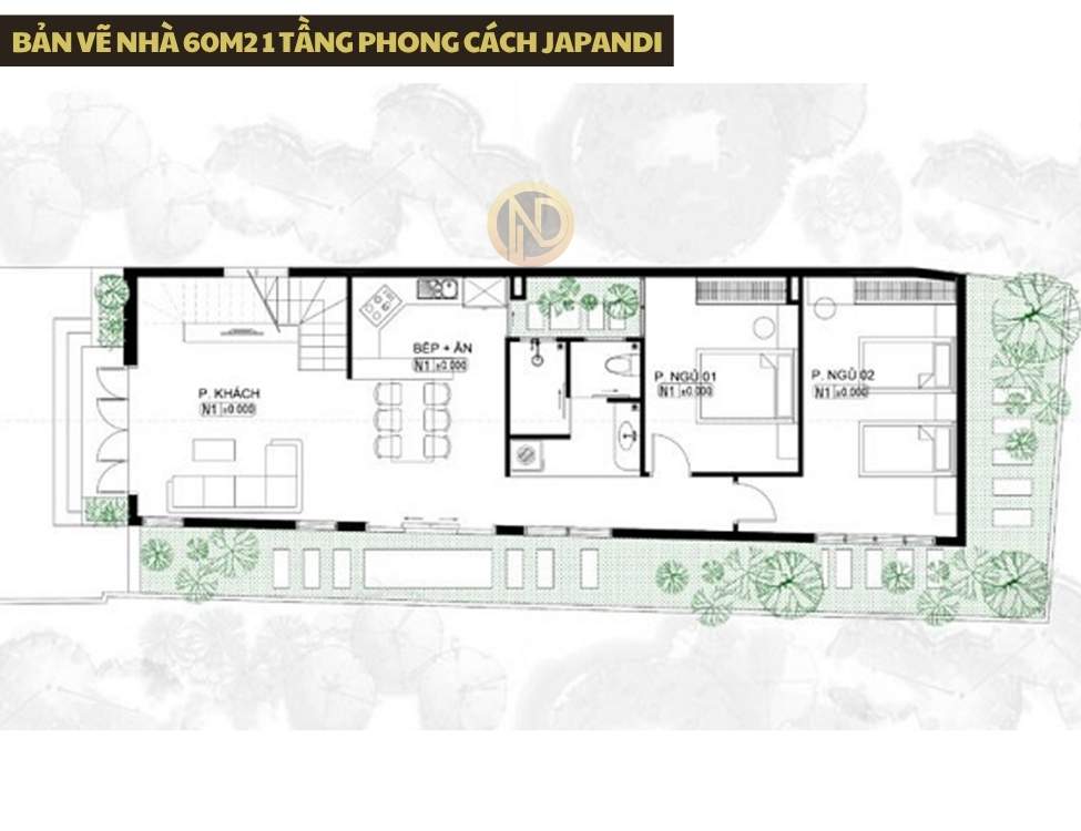 Bản vẽ nhà 60m2 1 tầng Phong cách Japandi