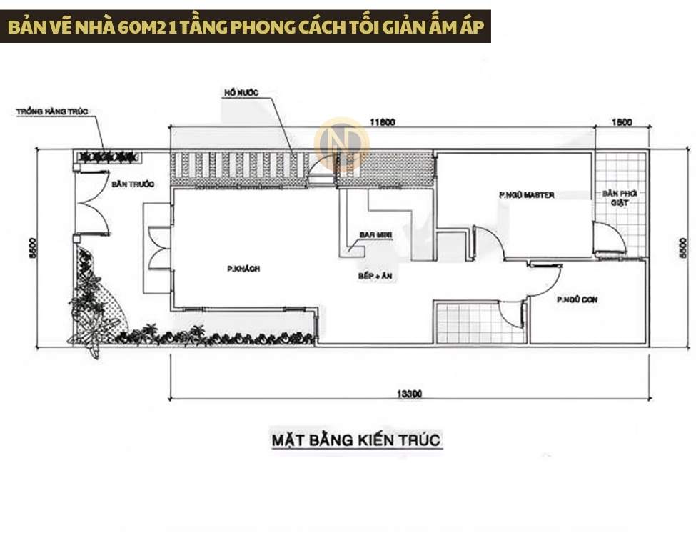 Bản vẽ nhà 60m2 1 tầng Phong cách tối giản ấm áp