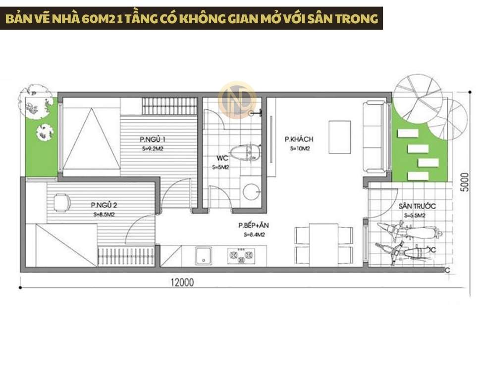 Bản vẽ nhà 60m2 1 tầng có Không gian mở với sân trong