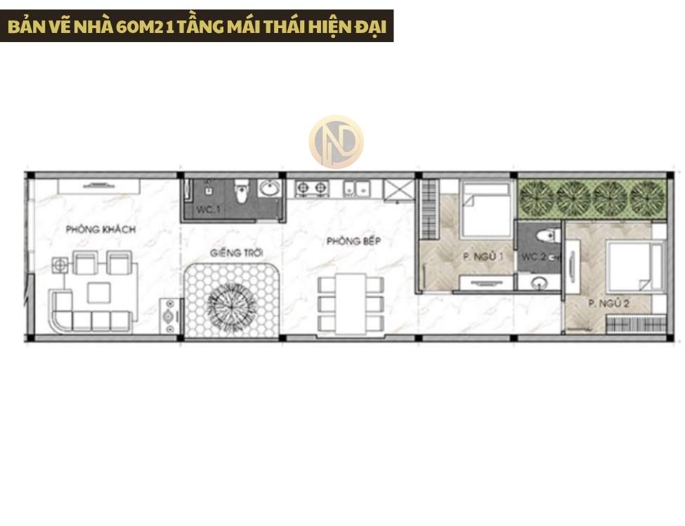Bản vẽ nhà 60m2 1 tầng mái thái hiện đại