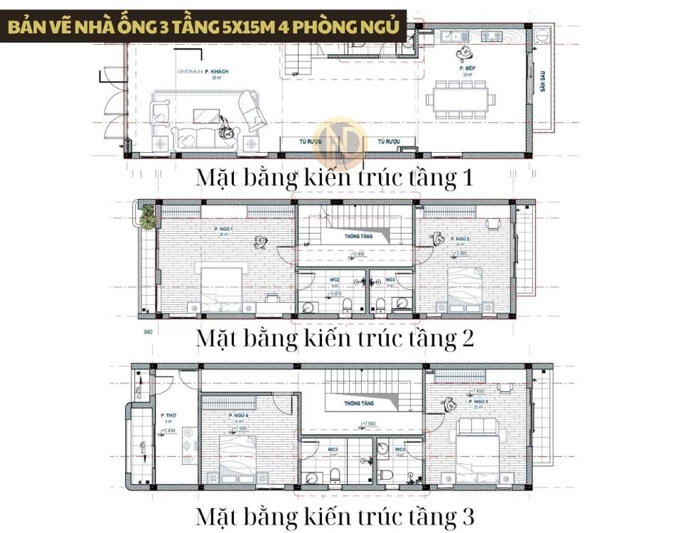 Bản vẽ nhà ống 3 tầng 5x15m 4 phòng ngủ
