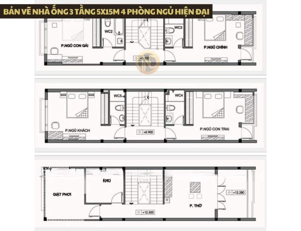 Bản vẽ nhà ống 3 tầng 5x15m 4 phòng ngủ hiện đại