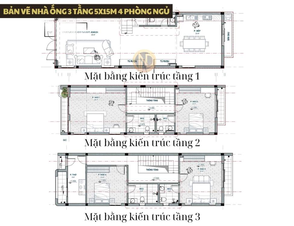 Bản vẽ nhà ống 3 tầng 5x15m 4 phòng ngủ