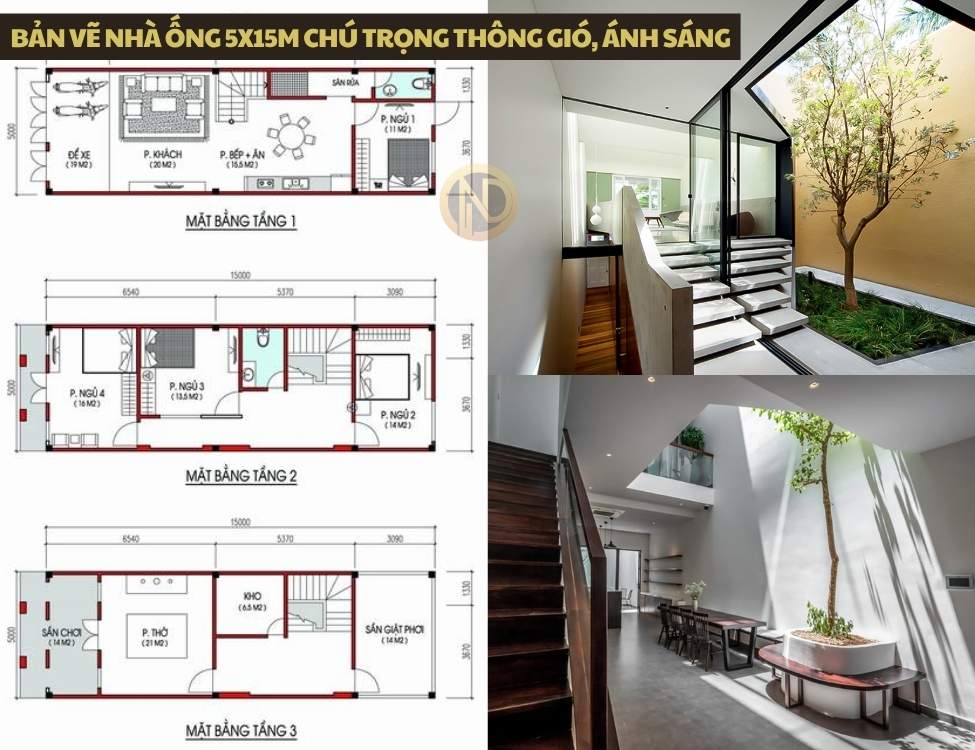 Bản vẽ nhà ống 5x15m chú trọng thông gió, ánh sáng