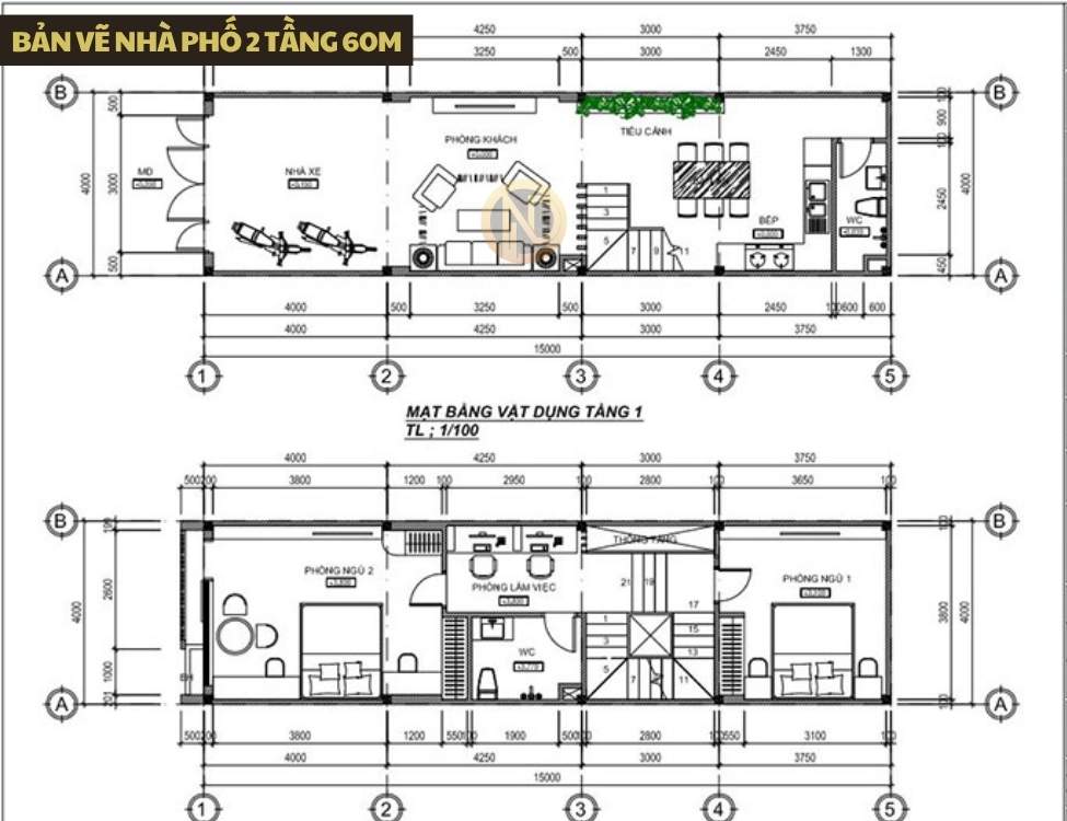 Bản vẽ nhà phố 2 tầng 60m