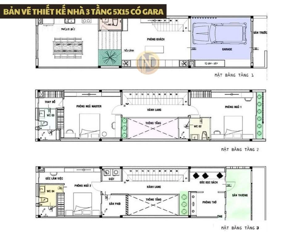 Bản vẽ thiết kế nhà 3 tầng 5x15 có gara