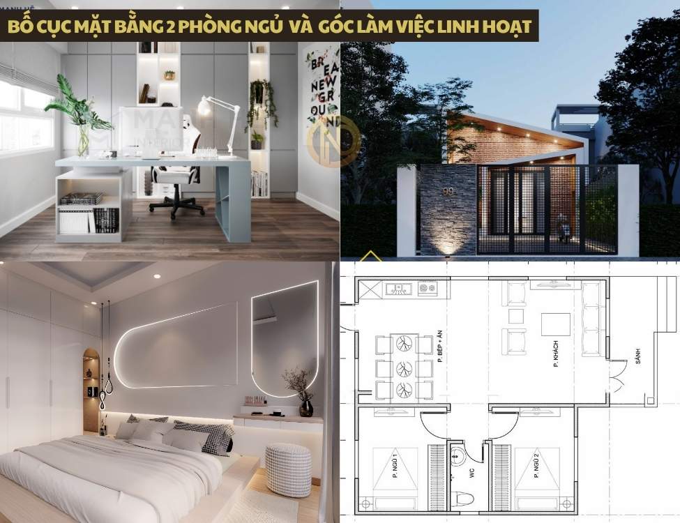 Bố cục mặt bằng 2 phòng ngủ và góc làm việc linh hoạt