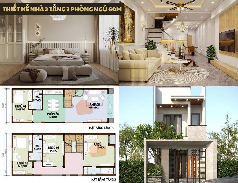 Thiết kế nhà 2 tầng 3 phòng ngủ 60m