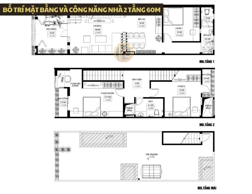 Bố trí mặt bằng và công năng nhà 2 tầng 60m