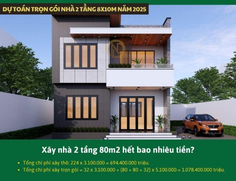 Dự toán trọn gói nhà 2 tầng 8x10m năm 2025
