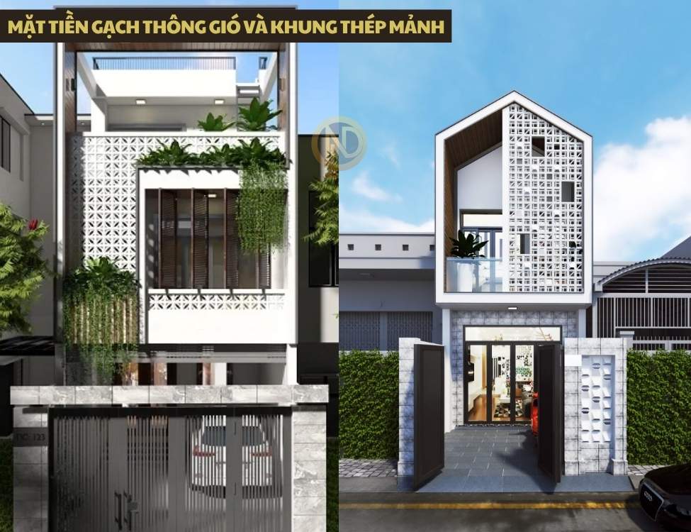 Mặt tiền gạch thông gió và khung thép mảnh