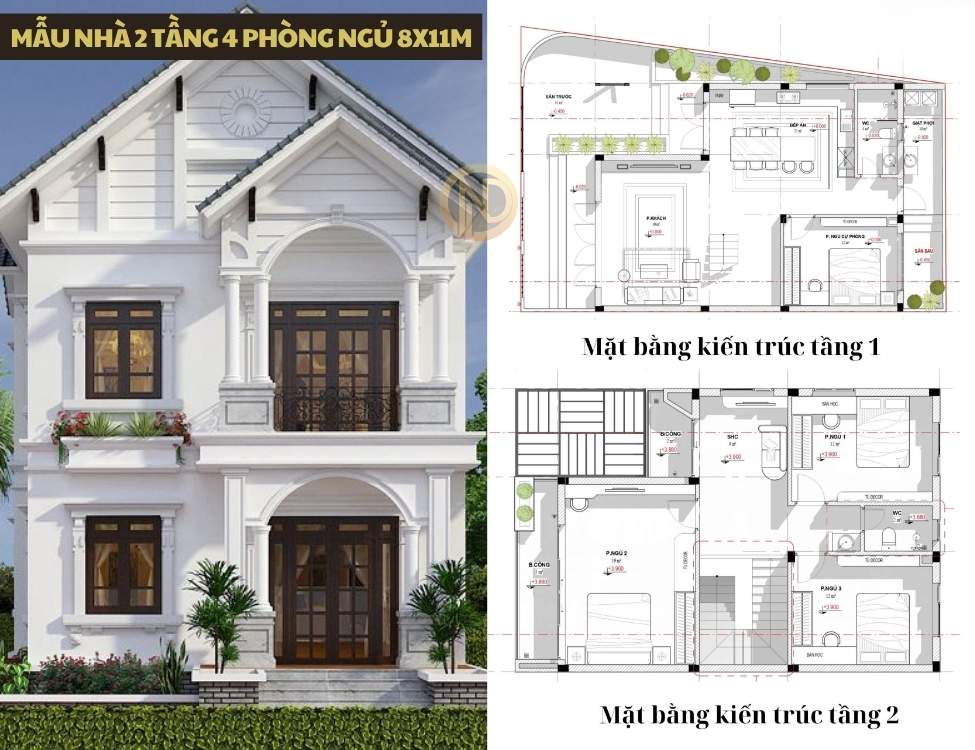 Mẫu nhà 2 tầng 4 phòng ngủ 8x11m