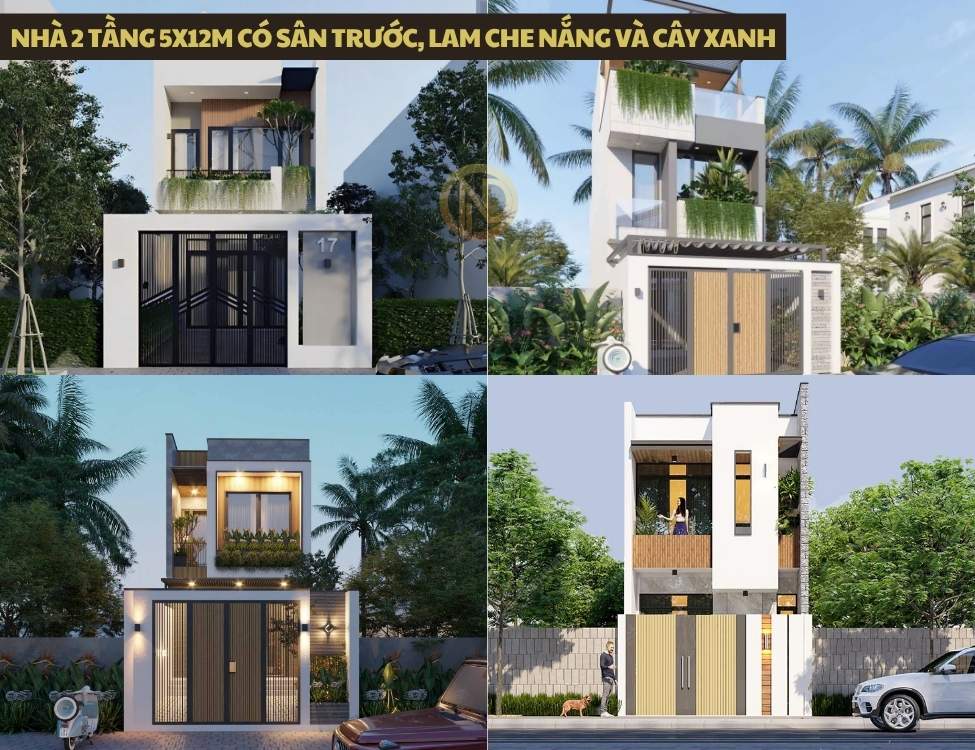 Nhà 2 tầng 5x12m có sân trước, lam che nắng và cây xanh