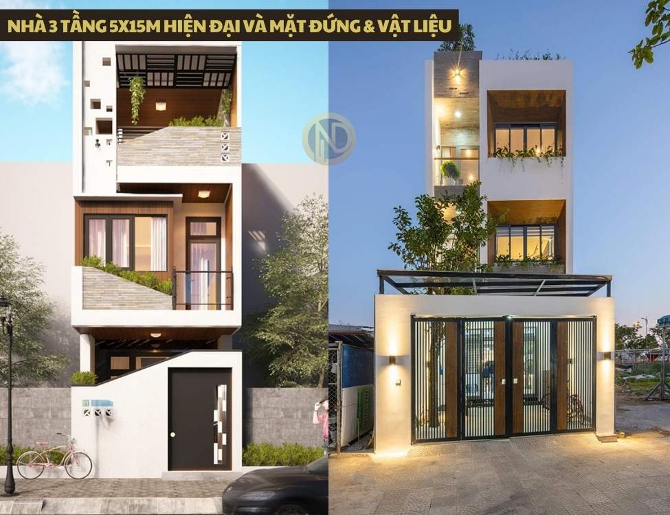 Nhà 3 tầng 5x15m hiện đại và mặt đứng & vật liệu