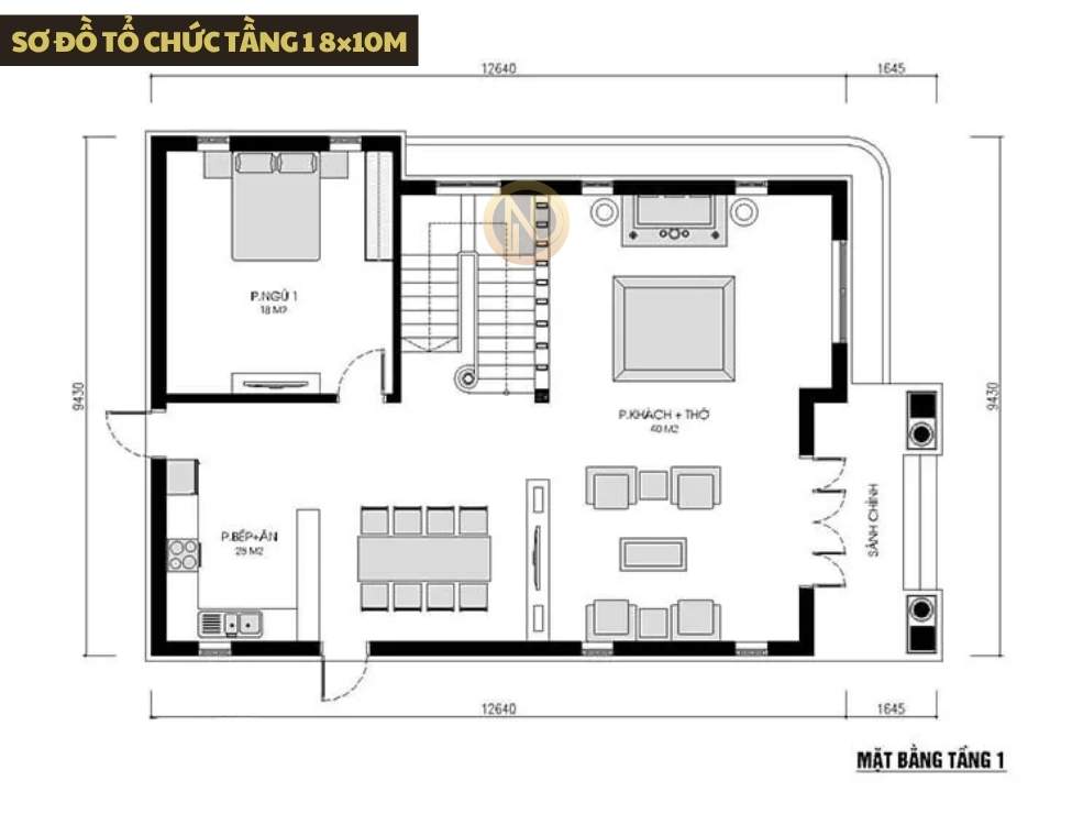 Sơ đồ tổ chức tầng 1 8×10m
