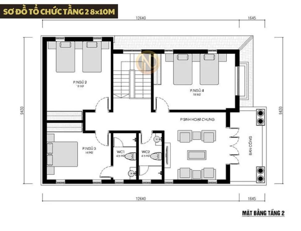 Sơ đồ tổ chức tầng 2 8×10m