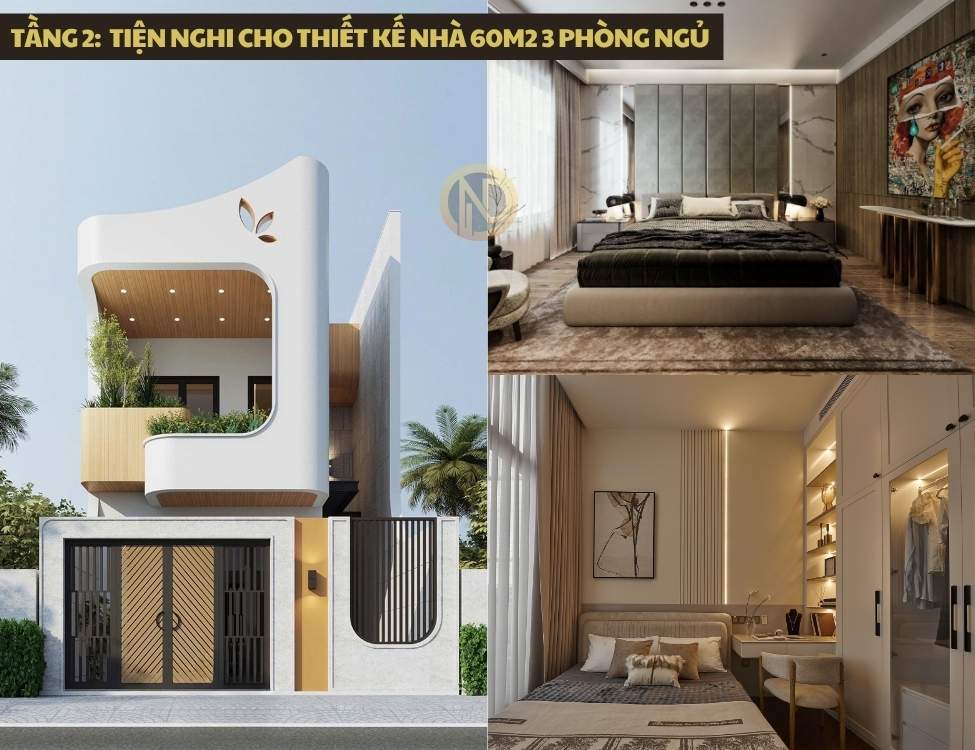 Tầng 2 có sự tiện nghi cho thiết kế nhà 60m2 3 phòng ngủ 