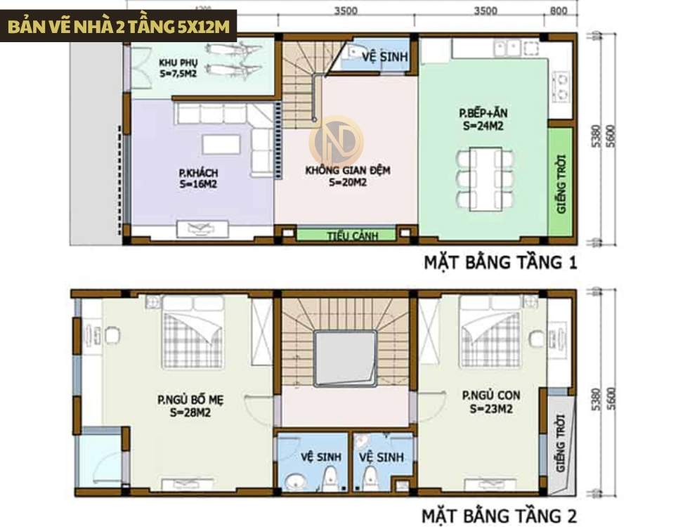 bản vẽ nhà 2 tầng 5x12m