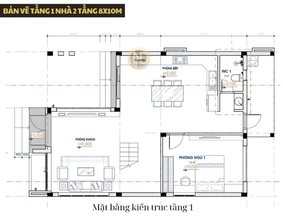 bản vẽ tầng 1 nhà 2 tầng 8x10m