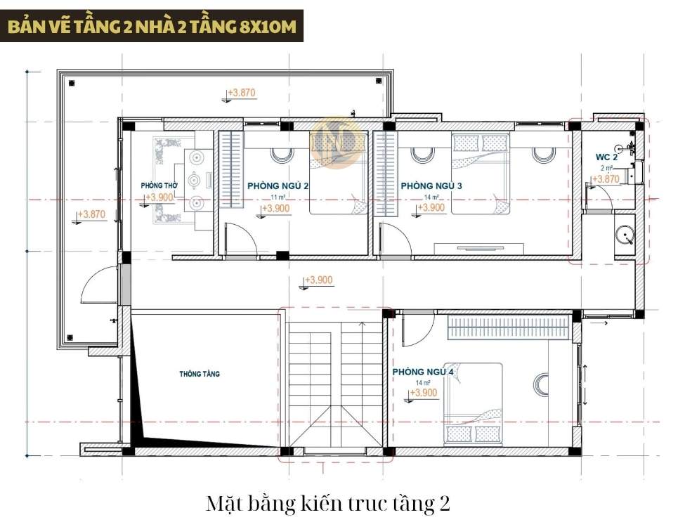 bản vẽ tầng 2 nhà 2 tầng 8x10m
