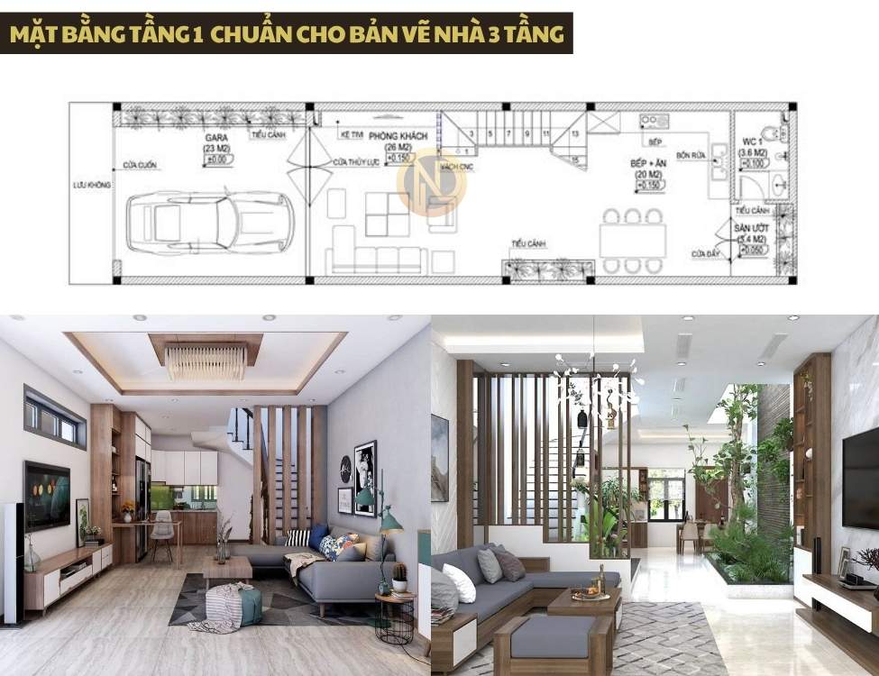 mặt bằng tầng 1 chuẩn cho bản vẽ nhà 3 tầng