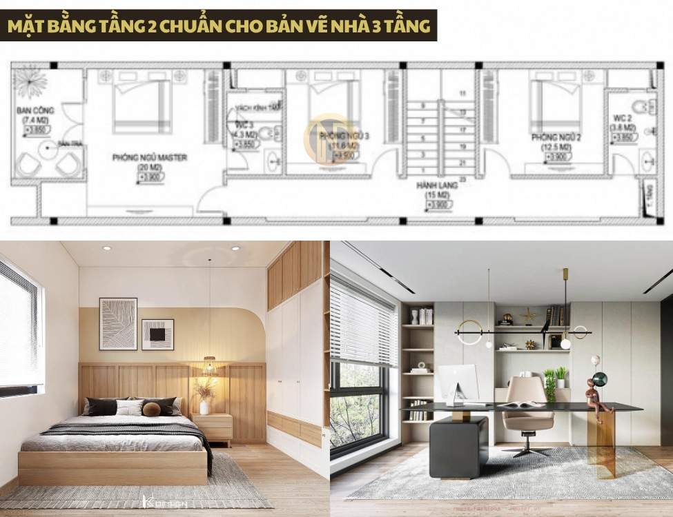 mặt bằng tầng 2 chuẩn cho bản vẽ nhà 3 tầng