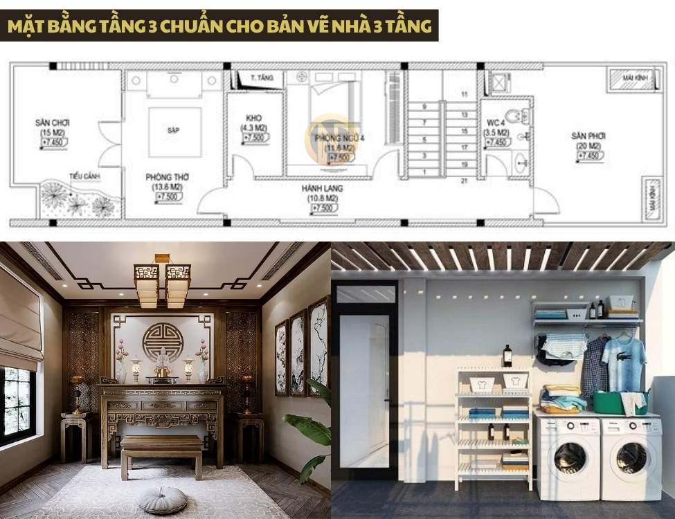 mặt bằng tầng 3 chuẩn cho bản vẽ nhà 3 tầng