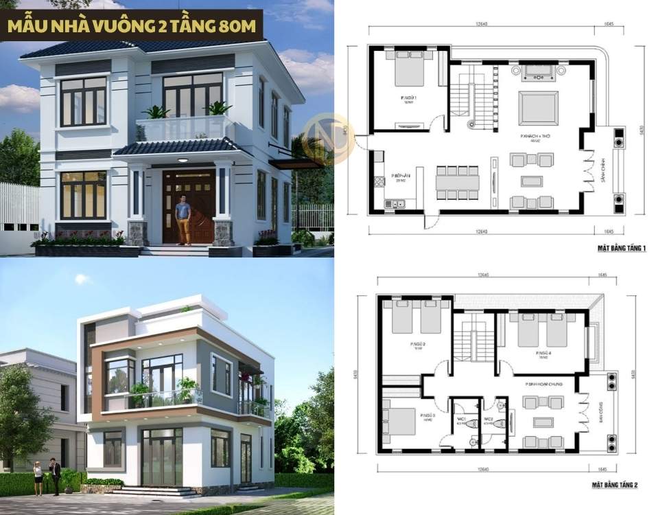 mẫu nhà vuông 2 tầng 80m
