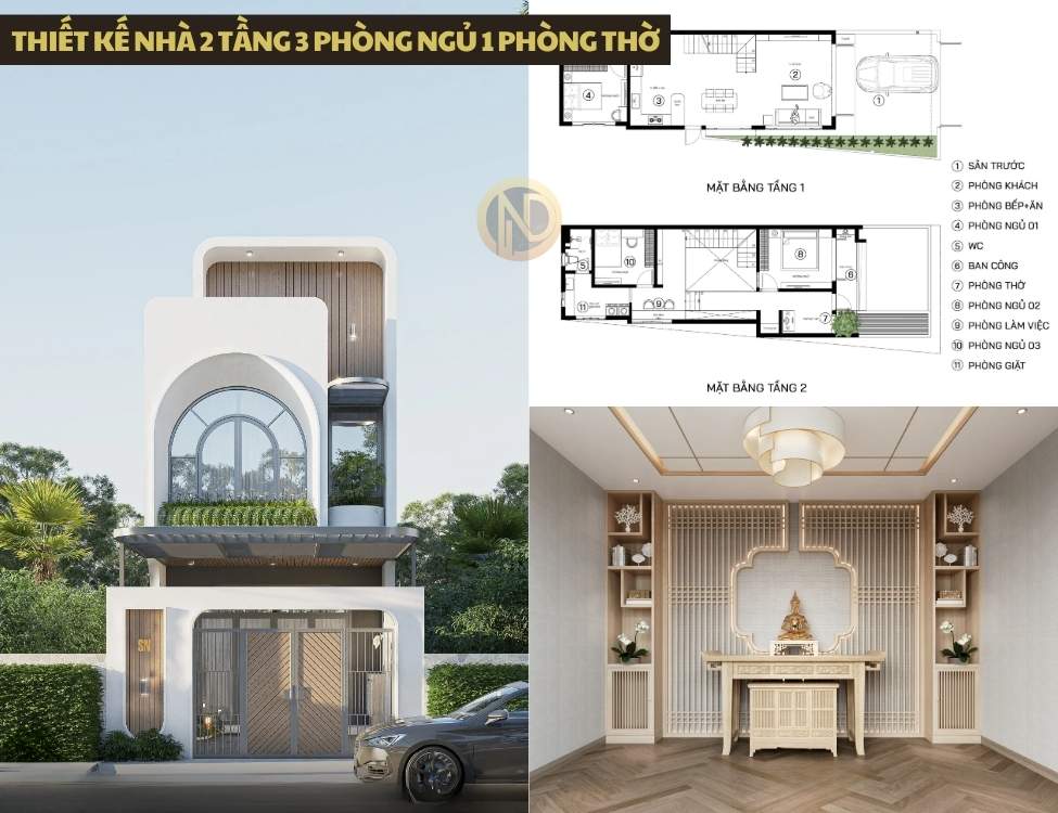 thiết kế nhà 2 tầng 3 phòng ngủ 1 phòng thờ