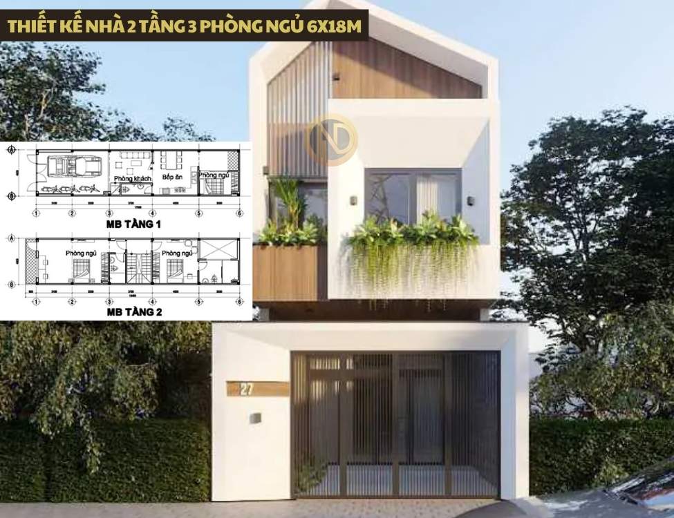 thiết kế nhà 2 tầng 3 phòng ngủ 6x18m