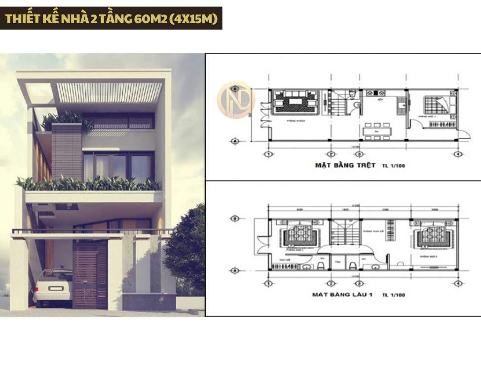 thiết kế nhà 2 tầng 60m2 4x15m