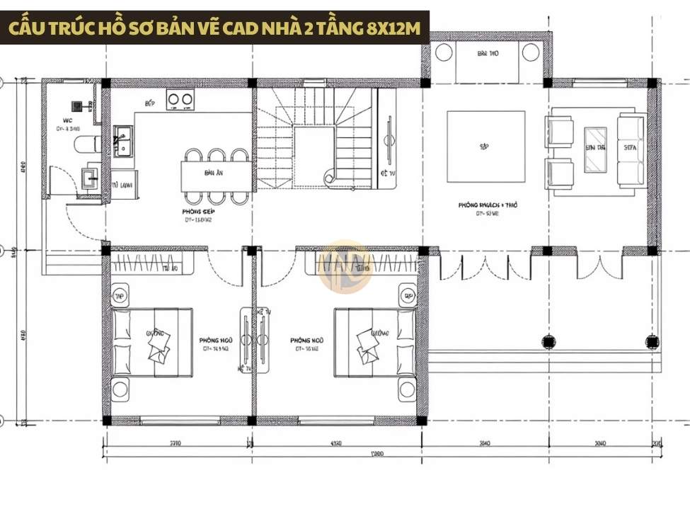 Cấu trúc hồ sơ bản vẽ CAD nhà 2 tầng 8x12m