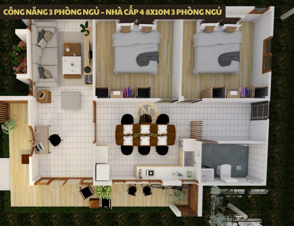 Công năng 3 phòng ngủ – nhà cấp 4 8x10m 3 phòng ngủ