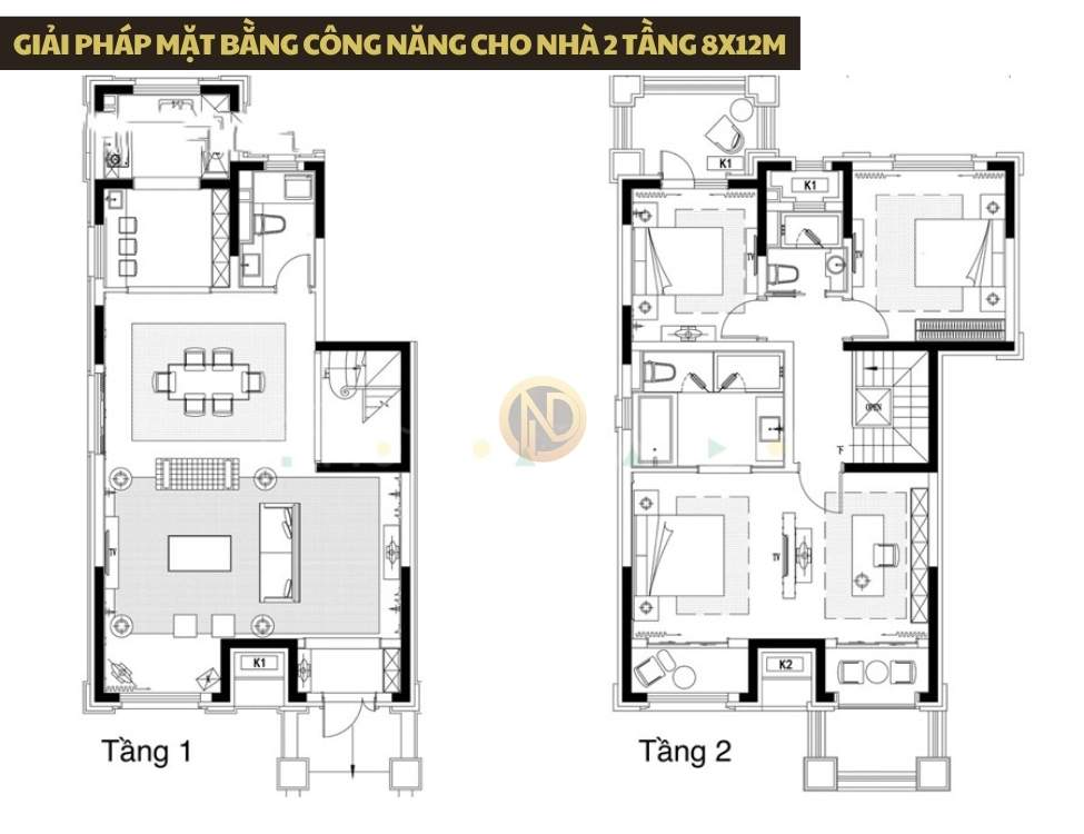 Giải pháp mặt bằng công năng cho nhà 2 tầng 8x12m