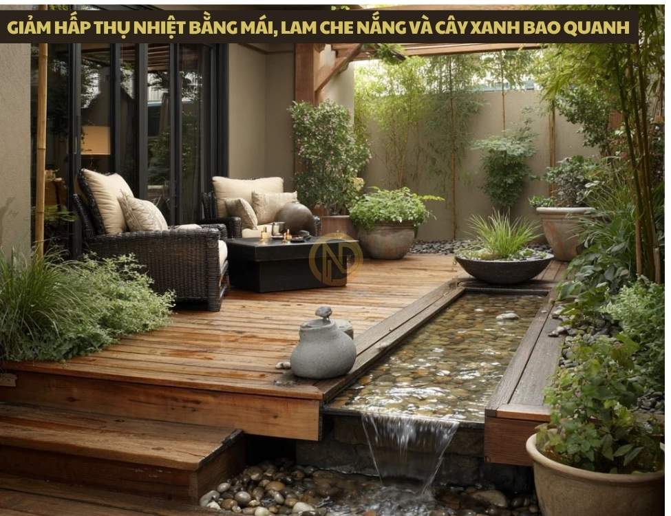 Giảm hấp thụ nhiệt bằng mái, lam che nắng và cây xanh bao quanh