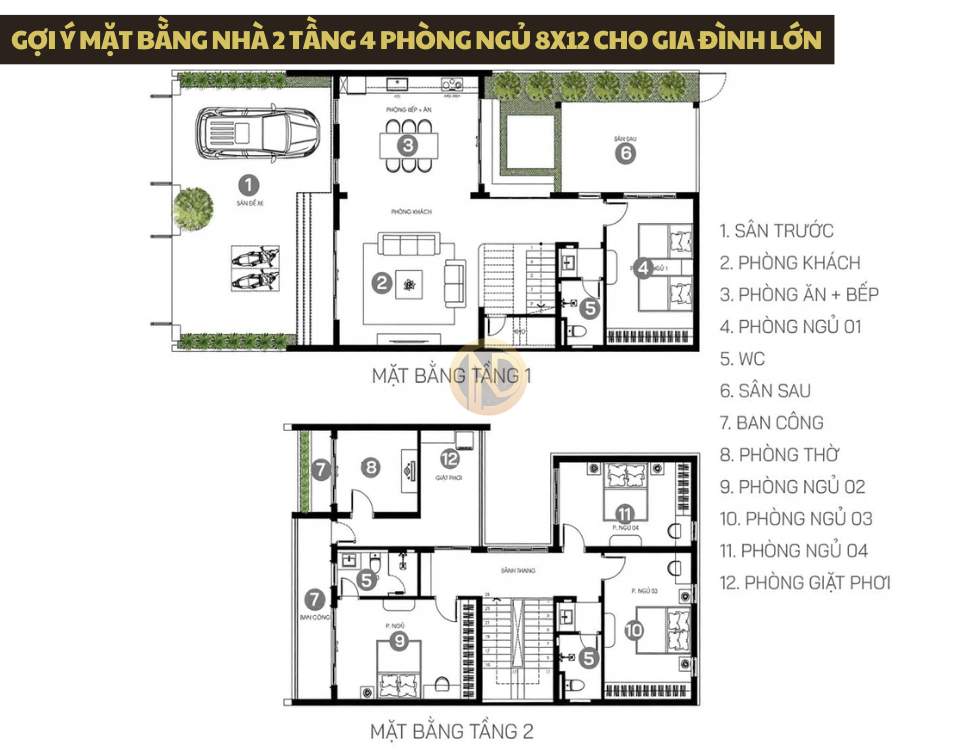 Gợi ý mặt bằng nhà 2 tầng 4 phòng ngủ 8x12 cho gia đình lớn