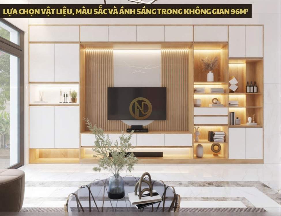 Lựa chọn vật liệu, màu sắc và ánh sáng trong không gian 96m²