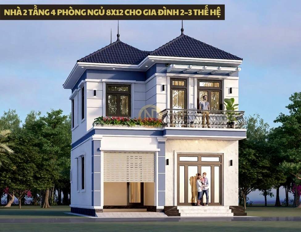 Nhà 2 tầng 4 phòng ngủ 8x12 cho gia đình 2–3 thế hệ