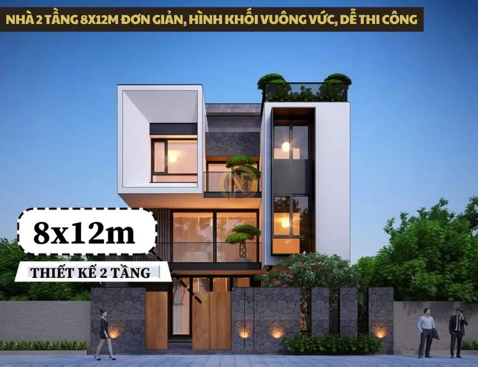 Nhà 2 tầng 8x12m đơn giản, hình khối vuông vức, dễ thi công