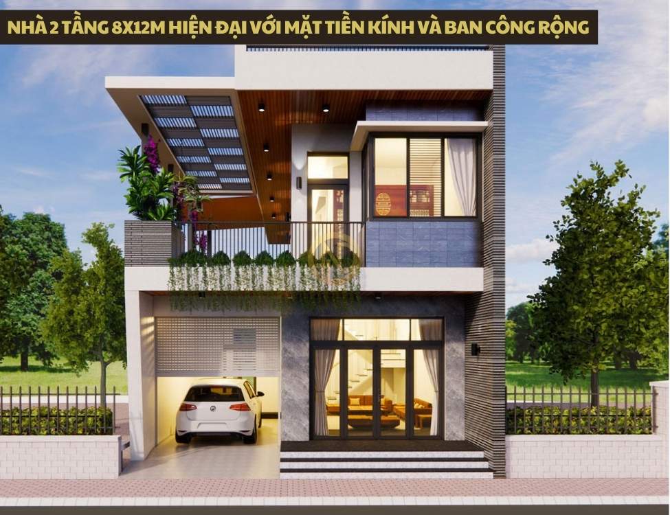 Nhà 2 tầng 8x12m hiện đại với mặt tiền kính và ban công rộng
