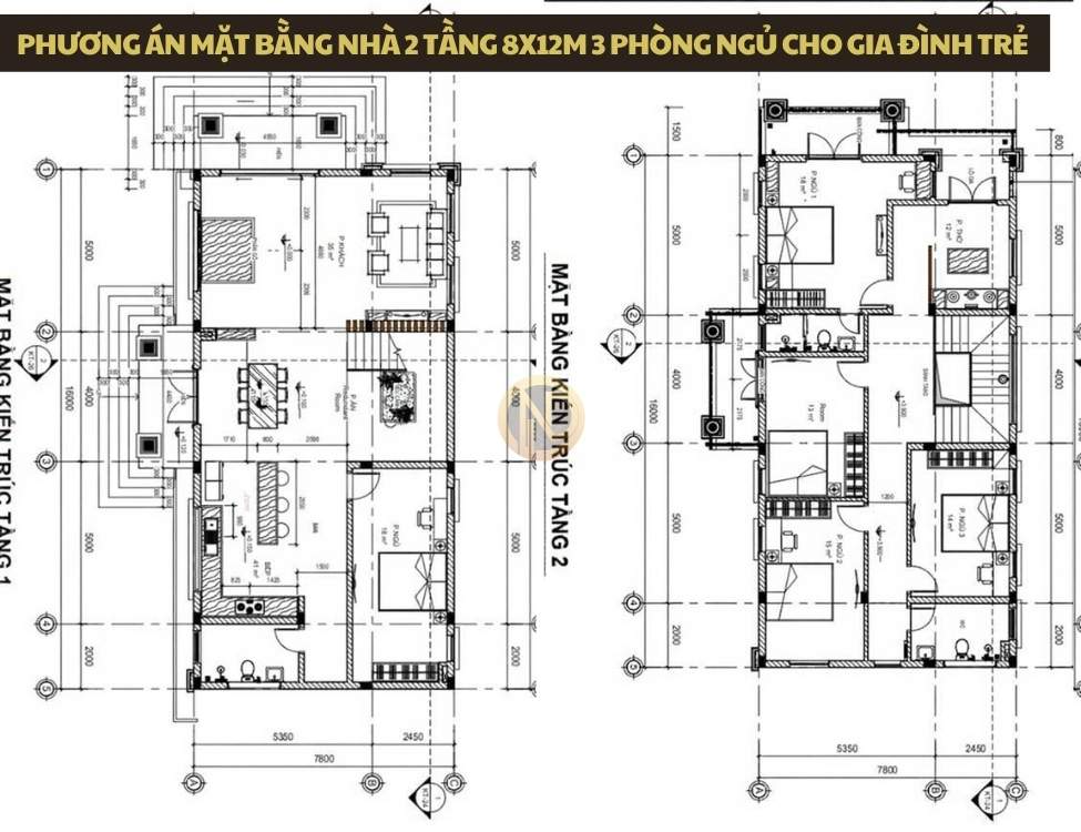 Phương án mặt bằng nhà 2 tầng 8x12m 3 phòng ngủ 