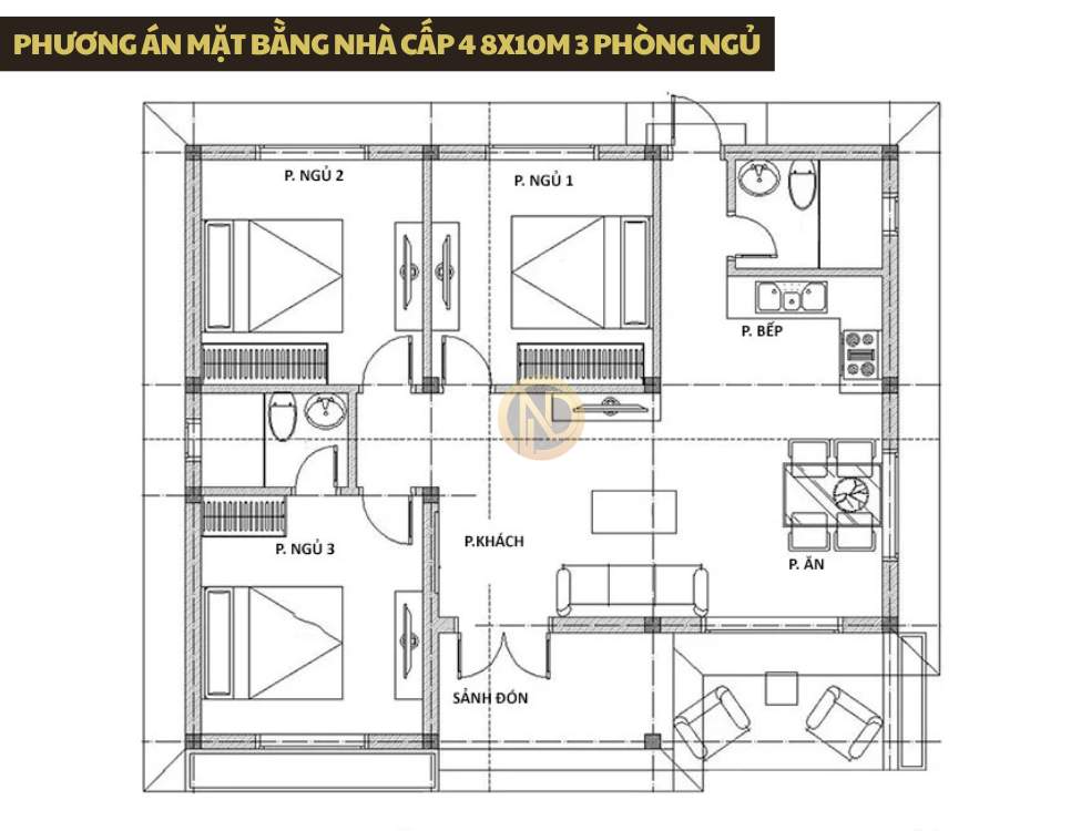 Phương án mặt bằng nhà cấp 4 8x10m 3 phòng ngủ