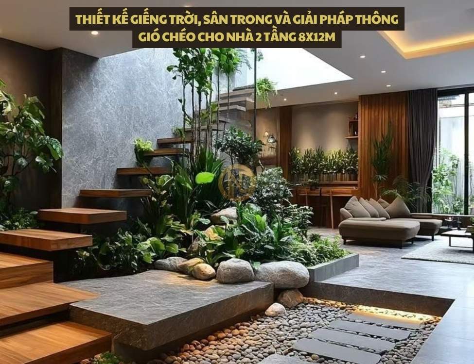 Thiết kế giếng trời, sân trong và giải pháp thông gió chéo cho nhà 2 tầng 8x12m