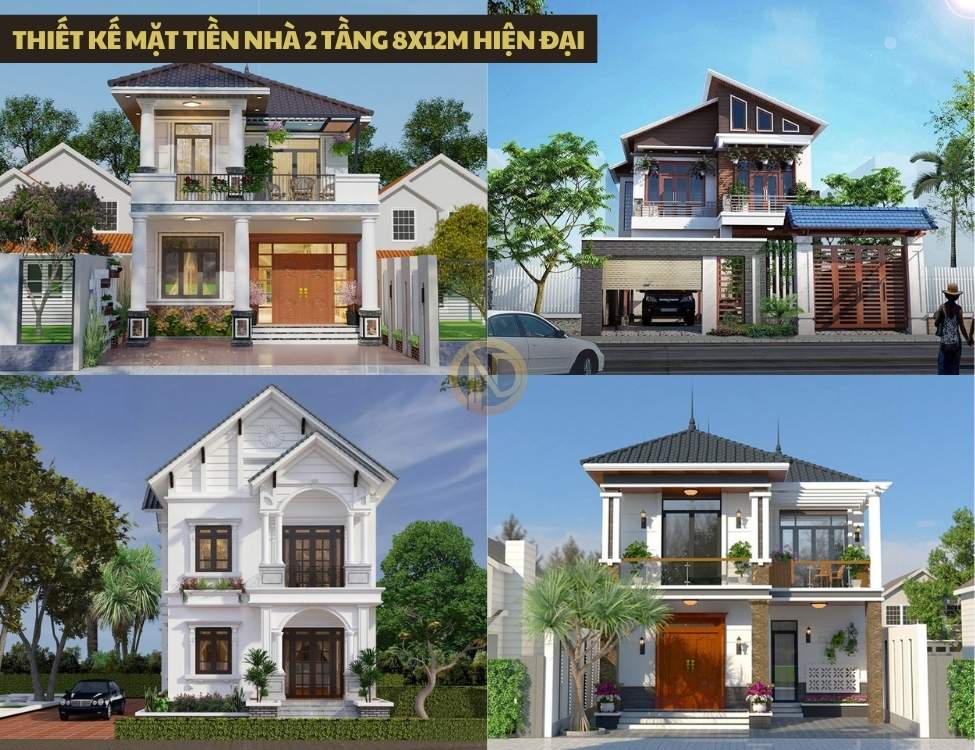 Thiết kế mặt tiền nhà 2 tầng 8x12m hiện đại